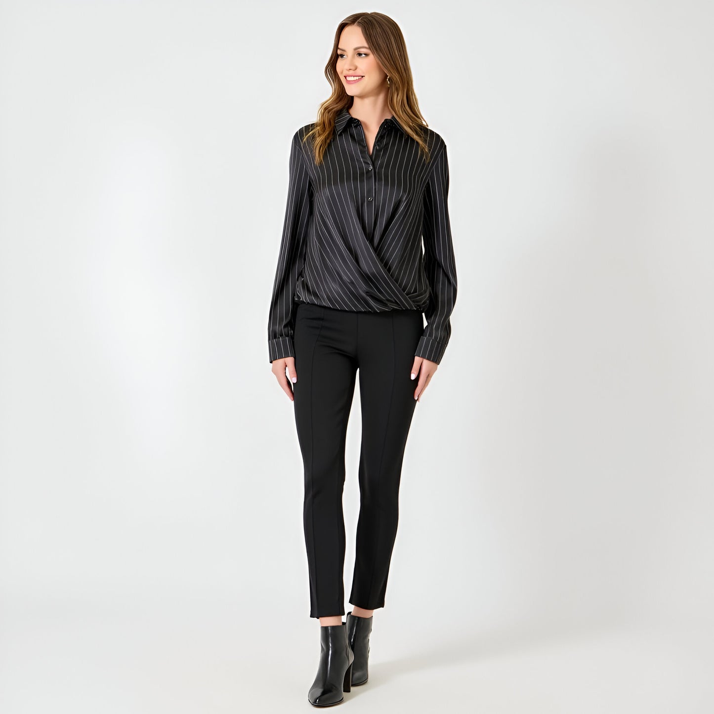 Pinstripe Satin Blouse with Wrap Front and Collared Neckline