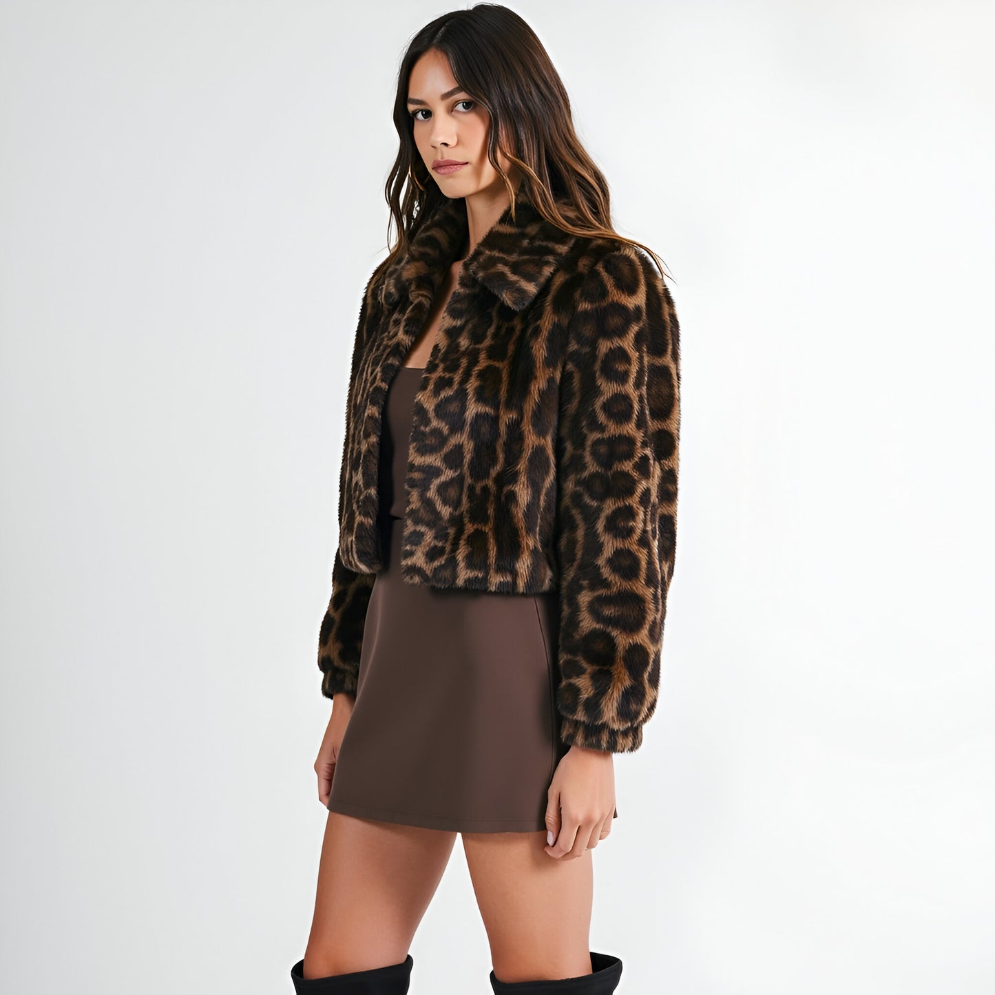 Leopard Print Faux Fur Jacket with Wide Collar and Puff Shoulders