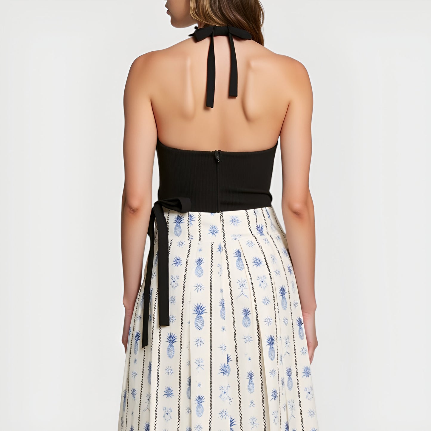 Halter Rib-Knit Bodice and Printed Pleated Skirt Maxi Dress with Side Tie
