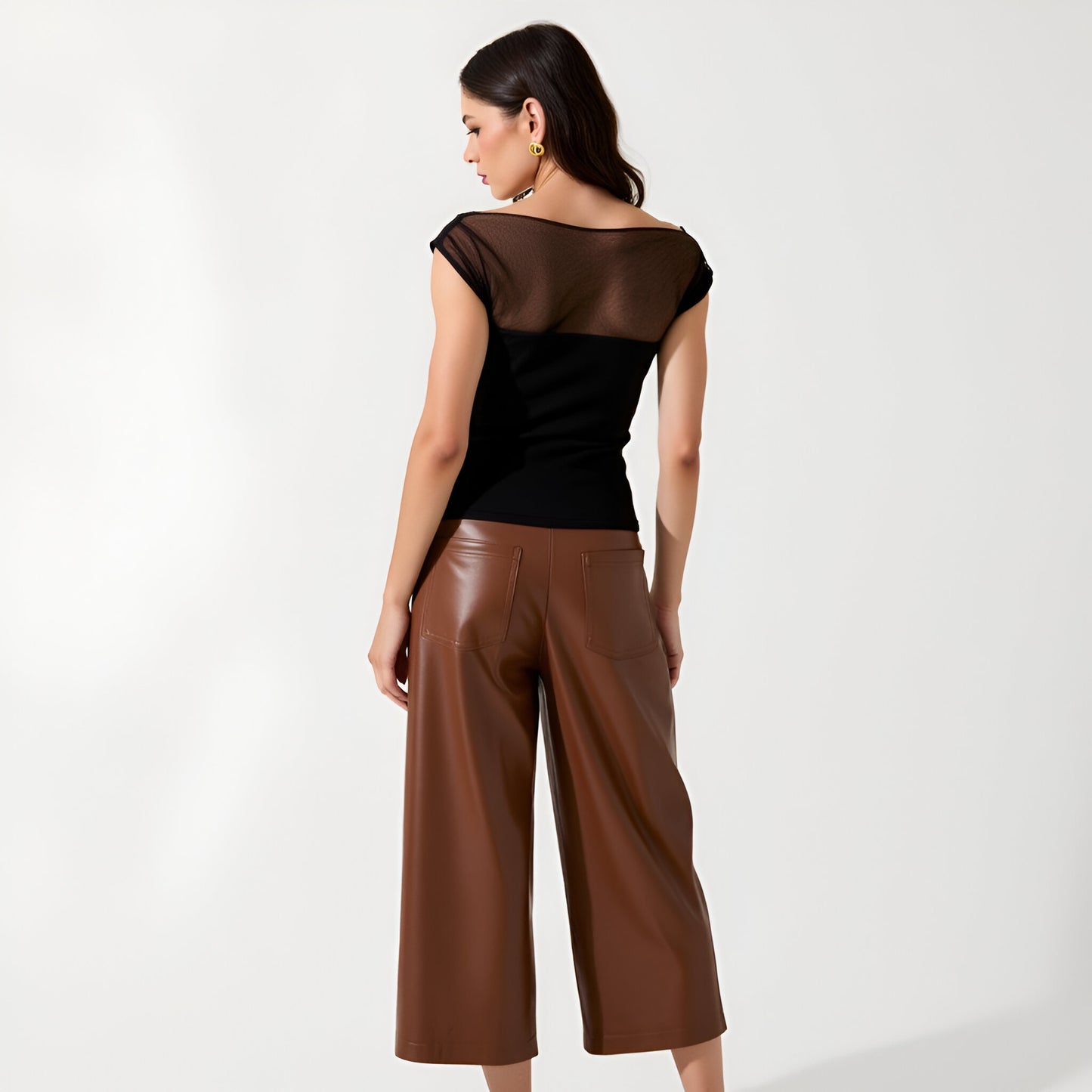 Sheer Mesh Shoulder Boatneck Top with Fitted Bodice and Cap Sleeve Detail
