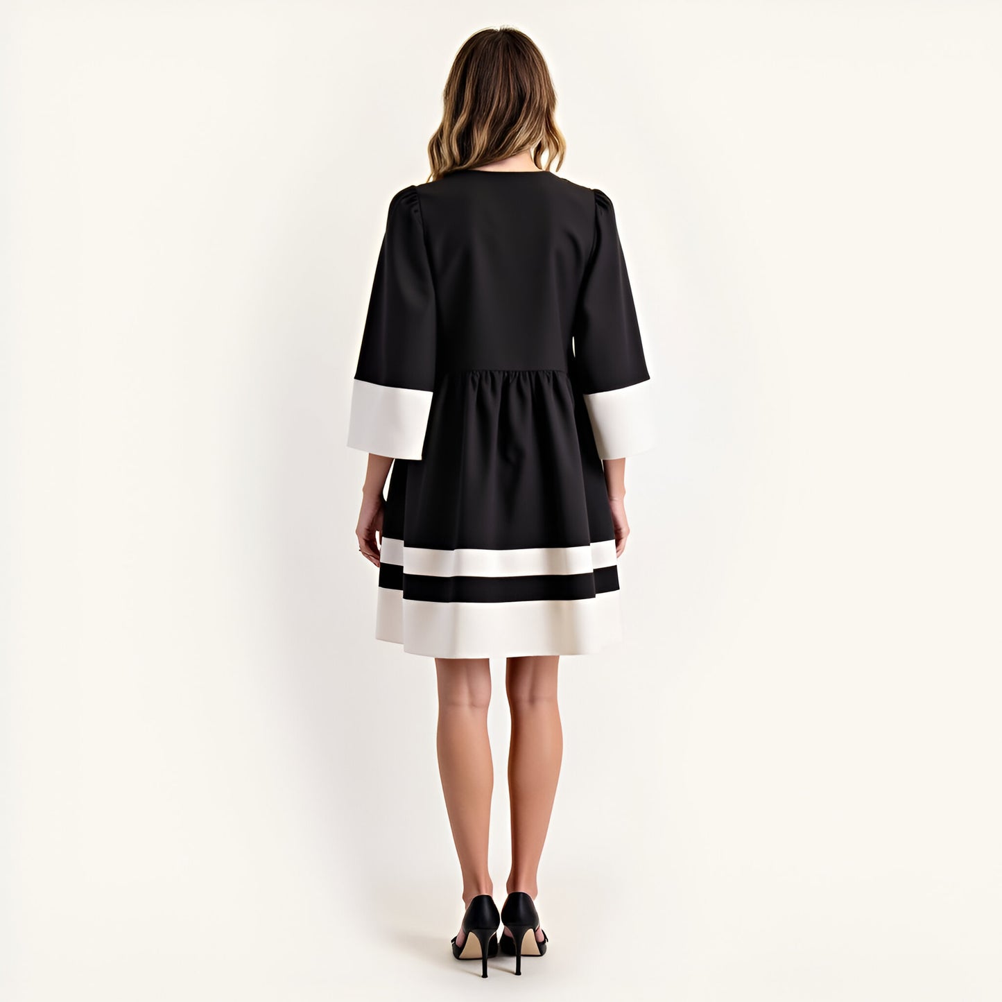 Fit and Flare Mini Dress with Contrast Trim, Cuffed Sleeves and V-Neck