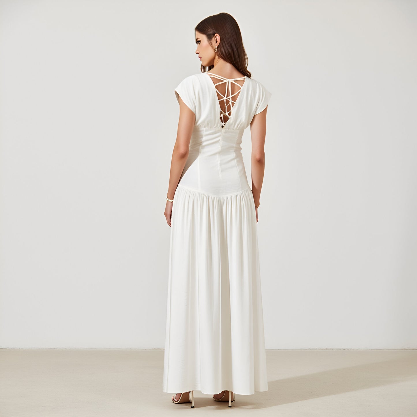 Cap Sleeve Maxi Dress with Gathered Bodice and Lace-Up Back Detail