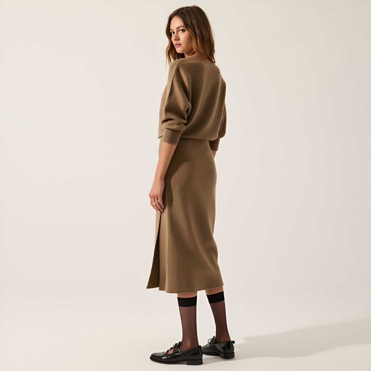 Rib-Knit One-Shoulder Dolman Midi Sweater Dress