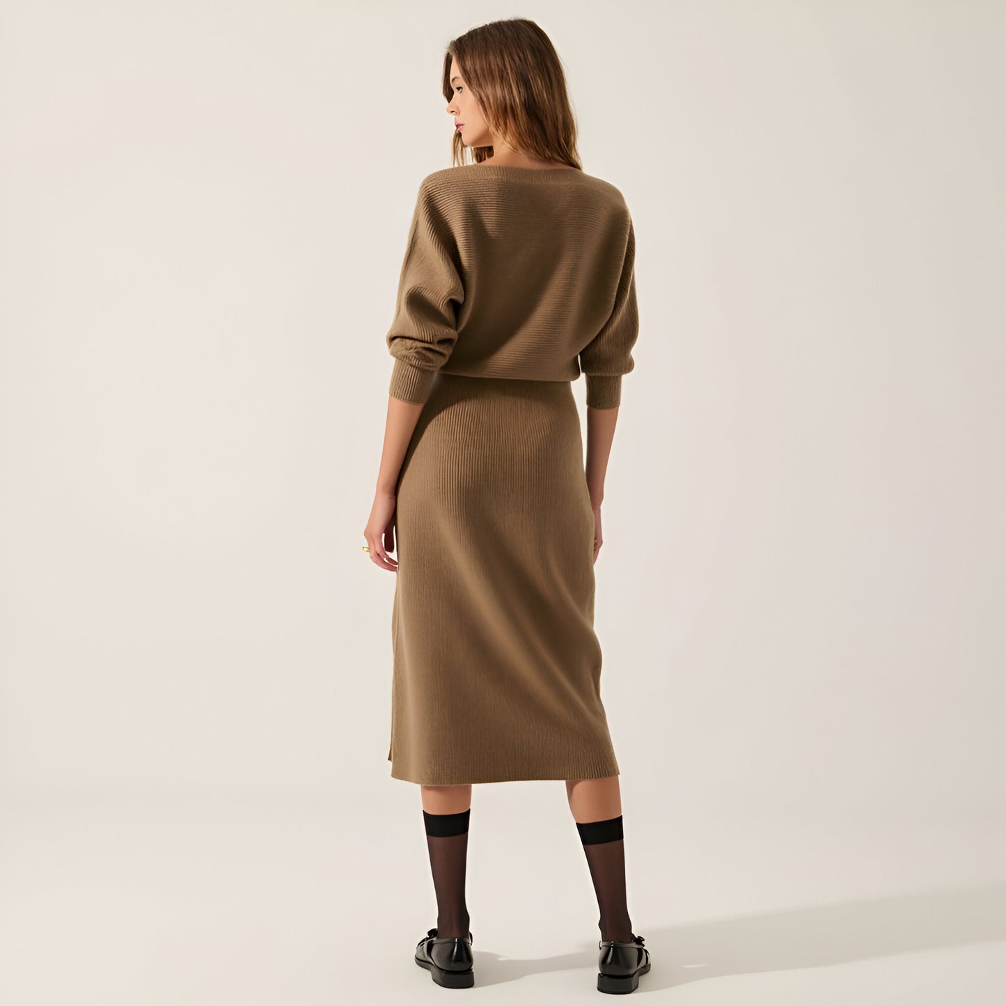 Rib-Knit One-Shoulder Dolman Midi Sweater Dress