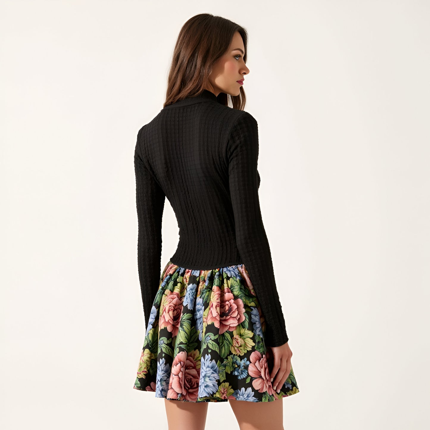Rib-Knit Mock Neck Long Sleeve Dress with Floral Skirt