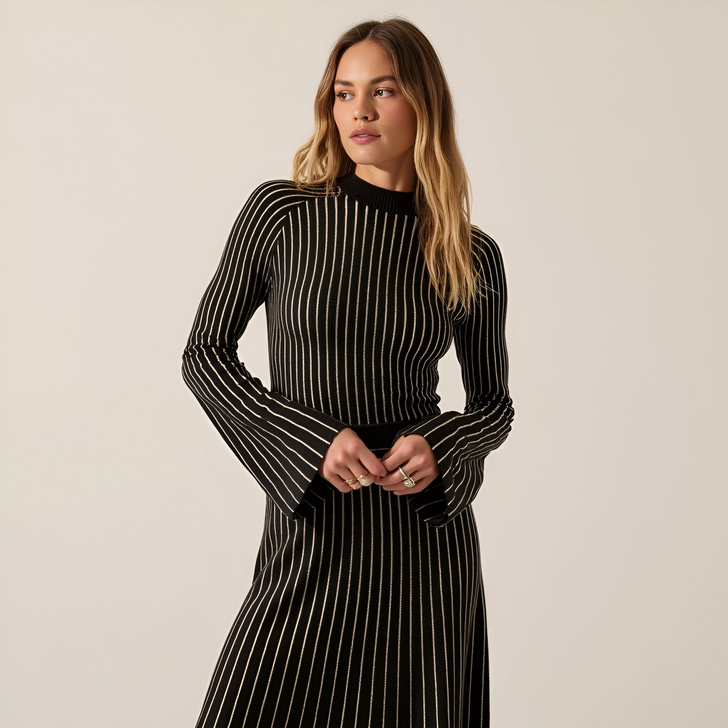 Striped Rib-Knit Long Sleeve Maxi Dress with Mock Neck