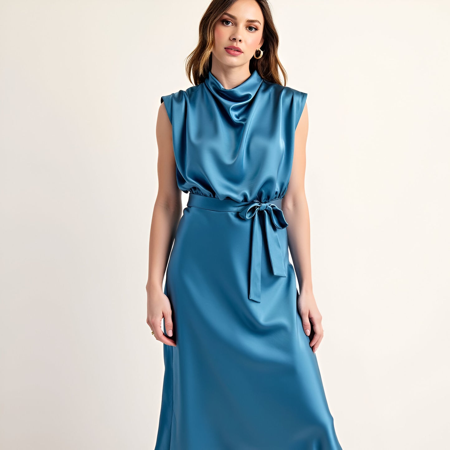 Sleeveless Satin Midi Dress with Cowl Neck and Waist Tie Detail