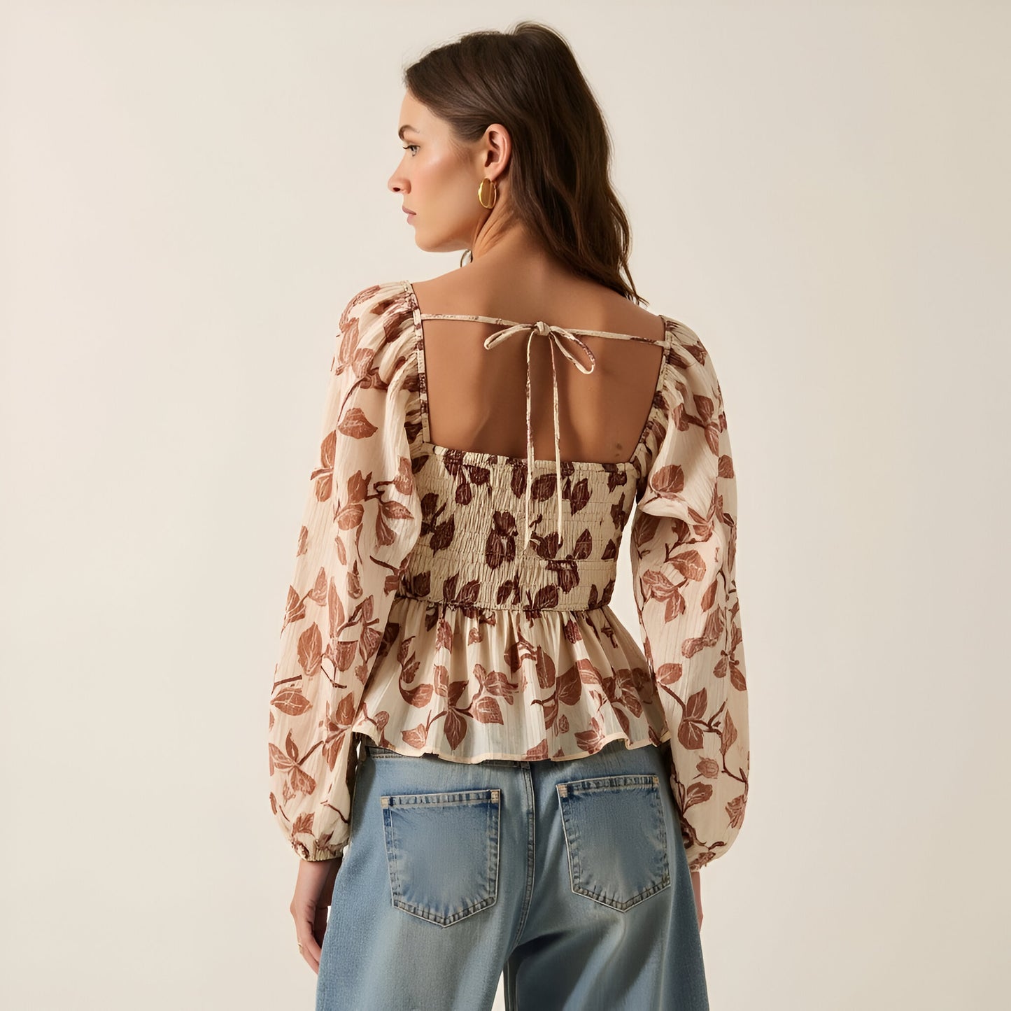 Long Sleeve Floral Print Peplum Top with Velvet Trim Detail