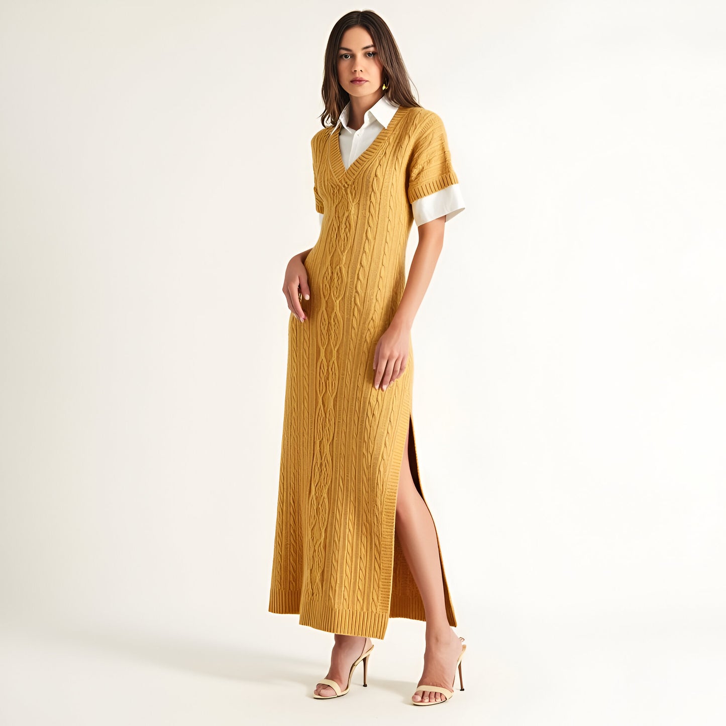 Cable Knit Maxi Dress with Short Sleeves and Side Slit Detail