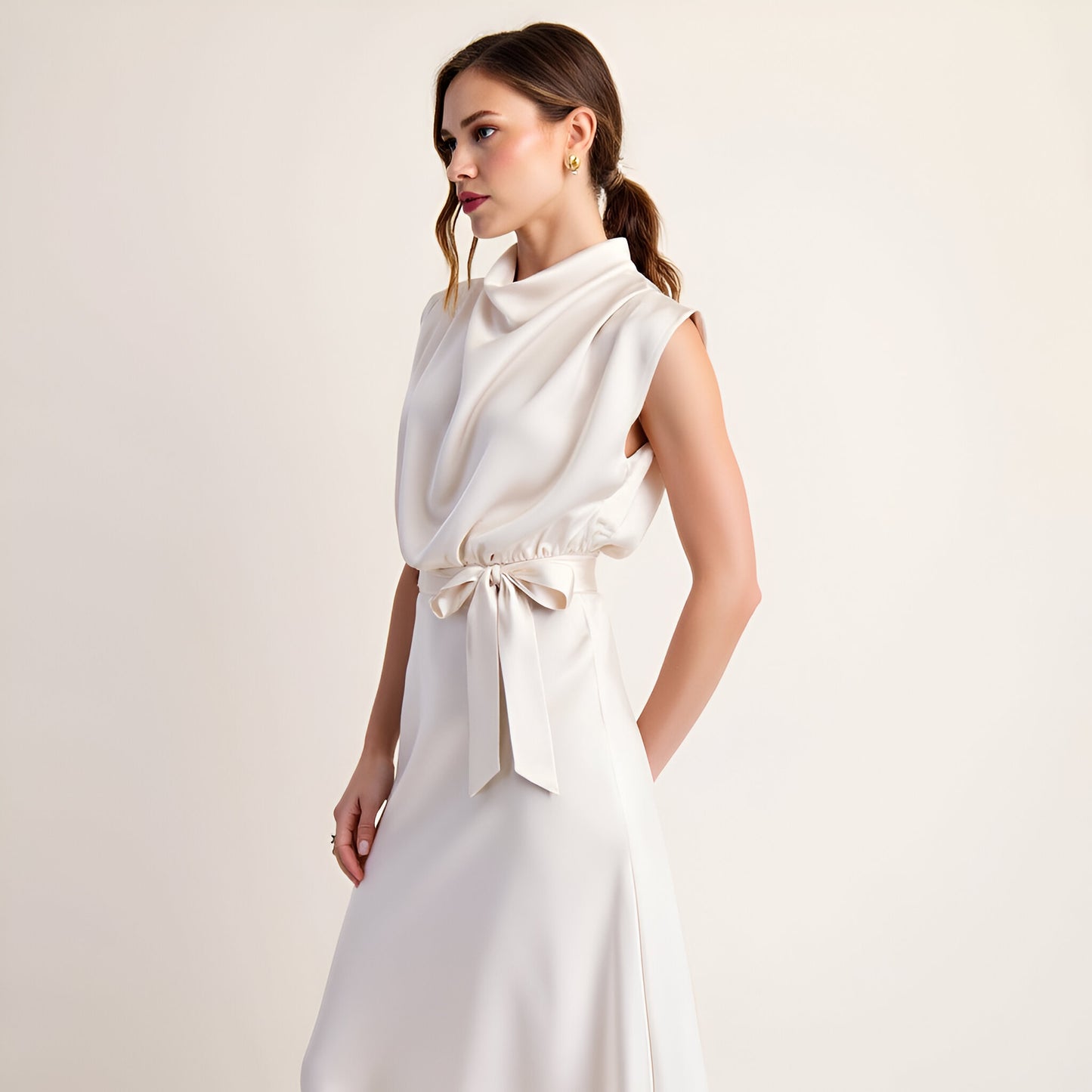 Sleeveless Satin Midi Dress with Cowl Neck and Waist Tie Detail