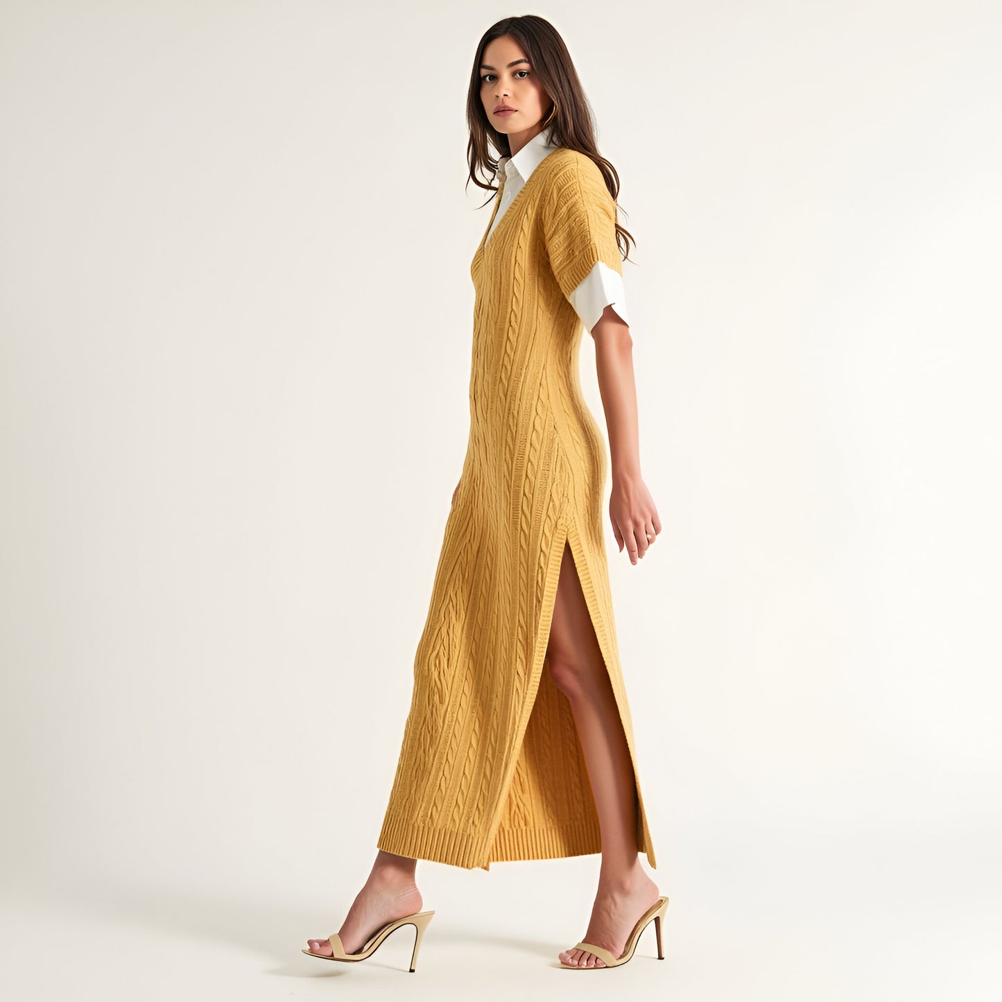 Cable Knit Maxi Dress with Short Sleeves and Side Slit Detail