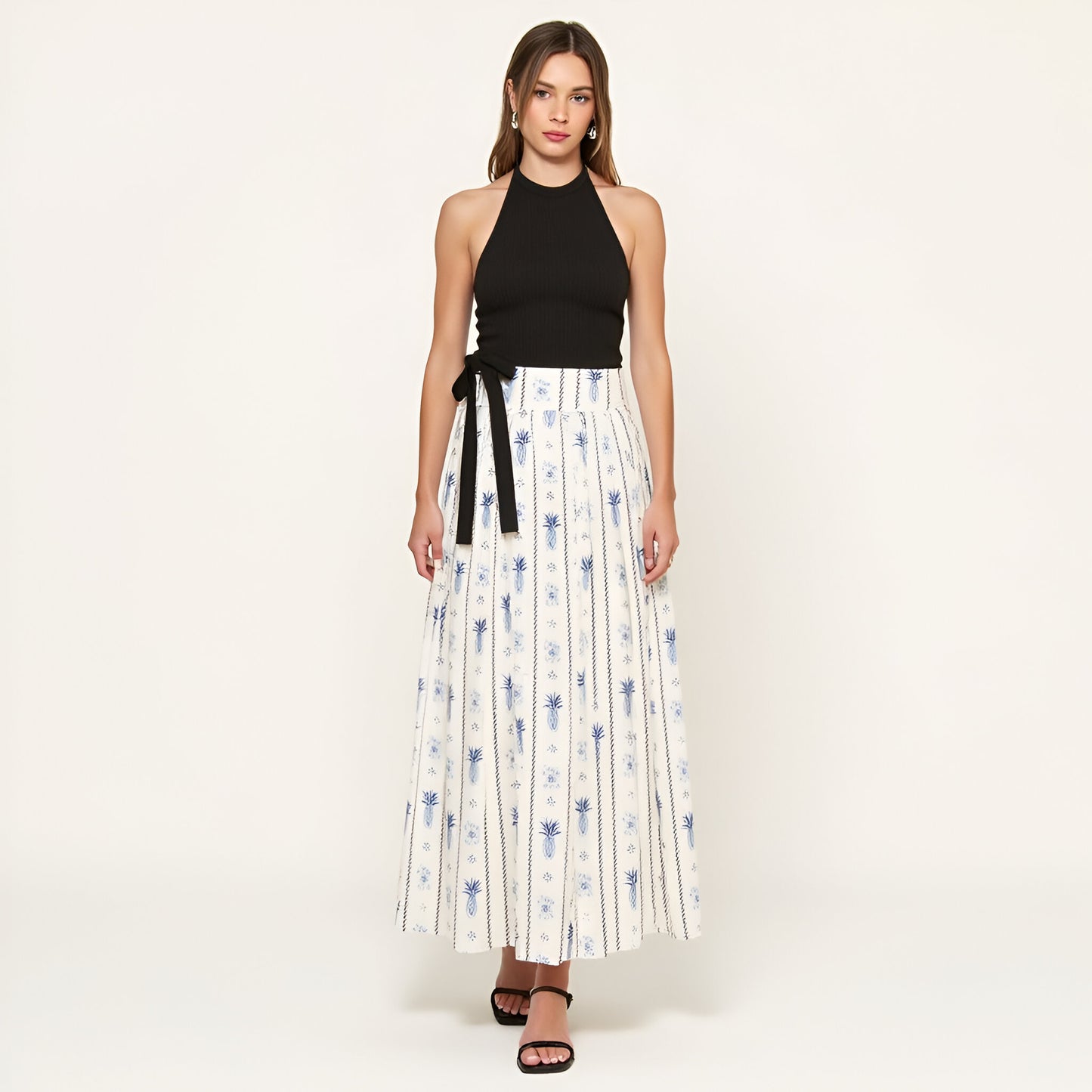 Halter Rib-Knit Bodice and Printed Pleated Skirt Maxi Dress with Side Tie
