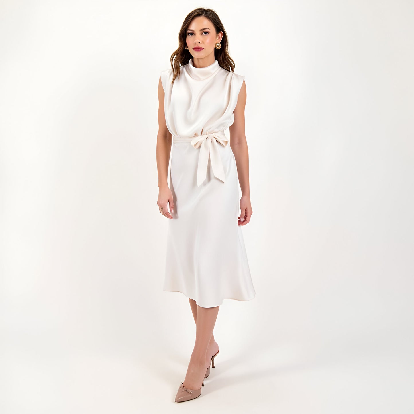 Sleeveless Satin Midi Dress with Cowl Neck and Waist Tie Detail