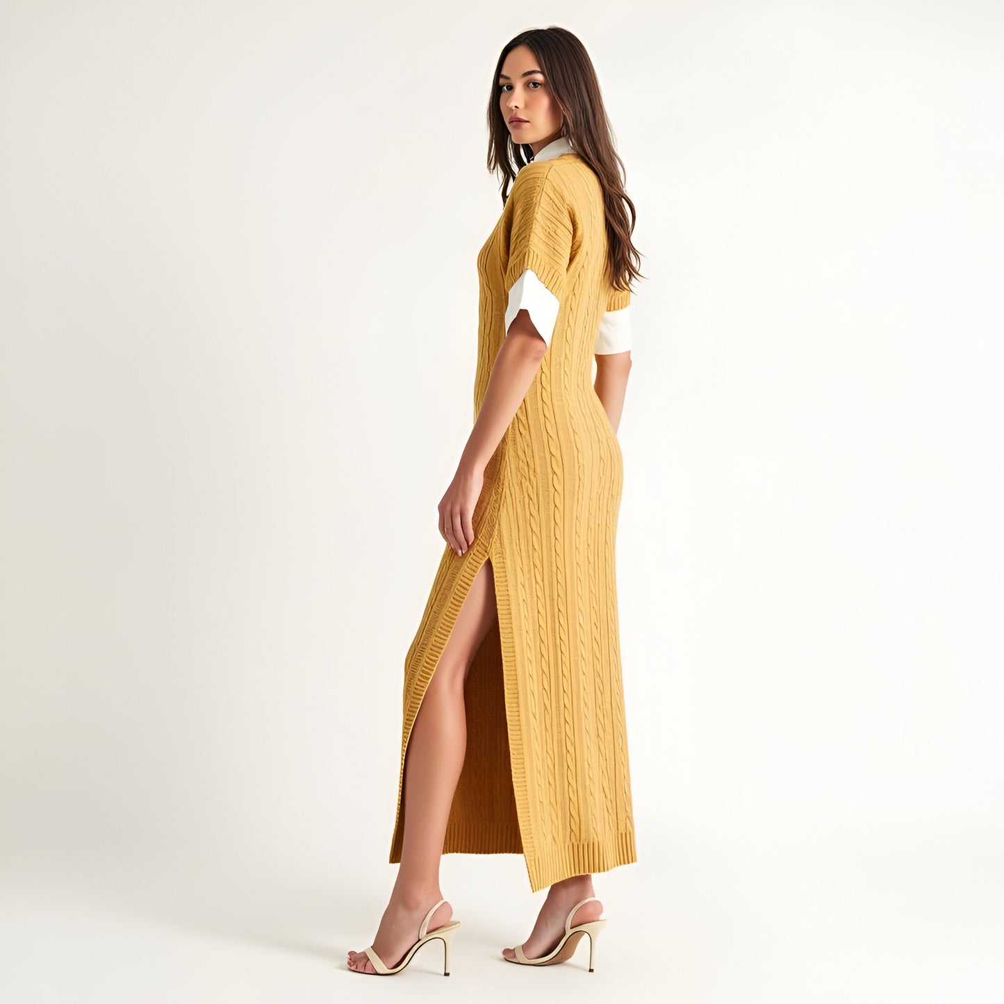 Cable Knit Maxi Dress with Short Sleeves and Side Slit Detail
