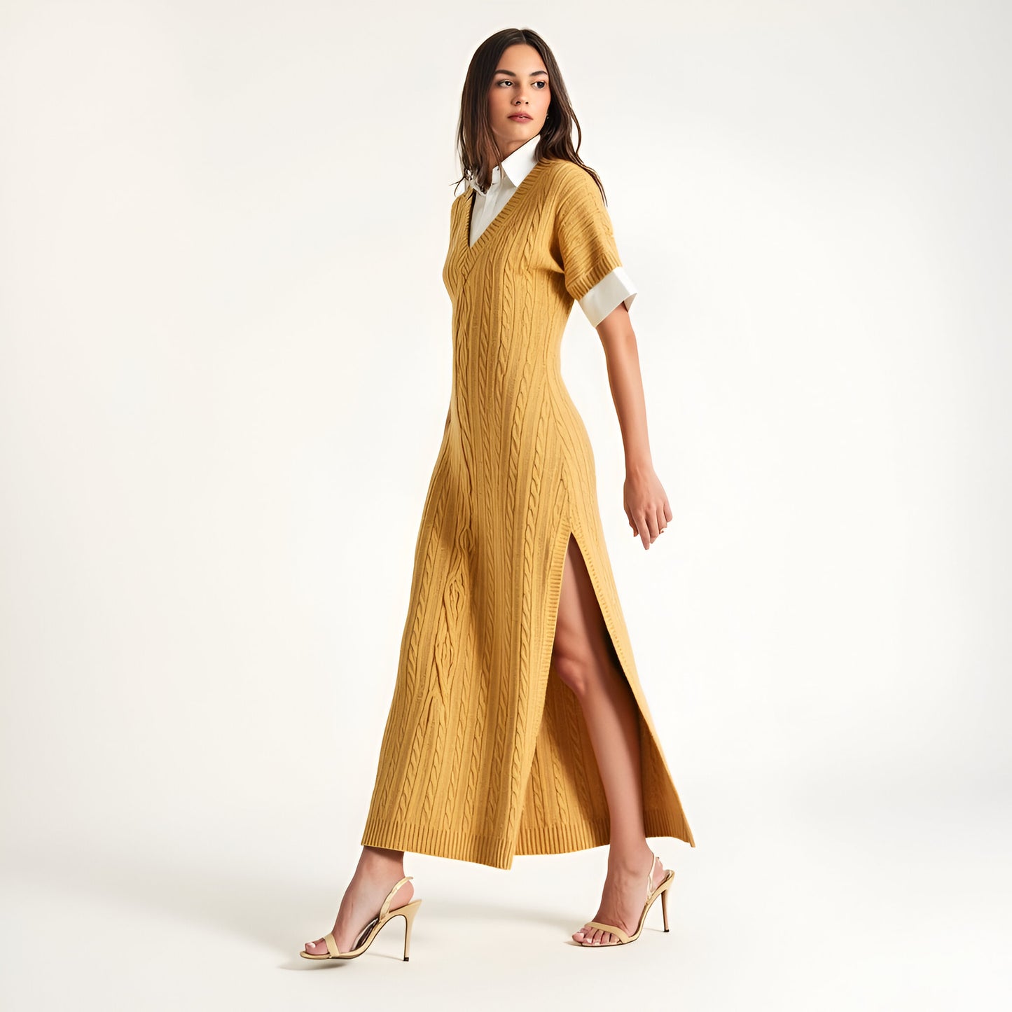 Cable Knit Maxi Dress with Short Sleeves and Side Slit Detail