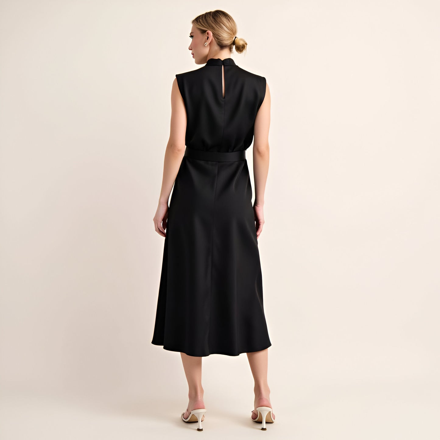 Sleeveless Mock Neck Midi Dress with Waist Tie and Flared Hem