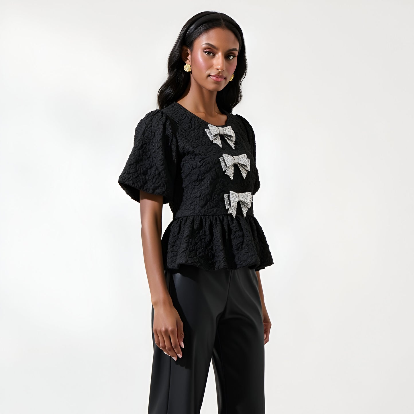 Jacquard Puff Sleeve Peplum Top with Crystal Bow Embellishments