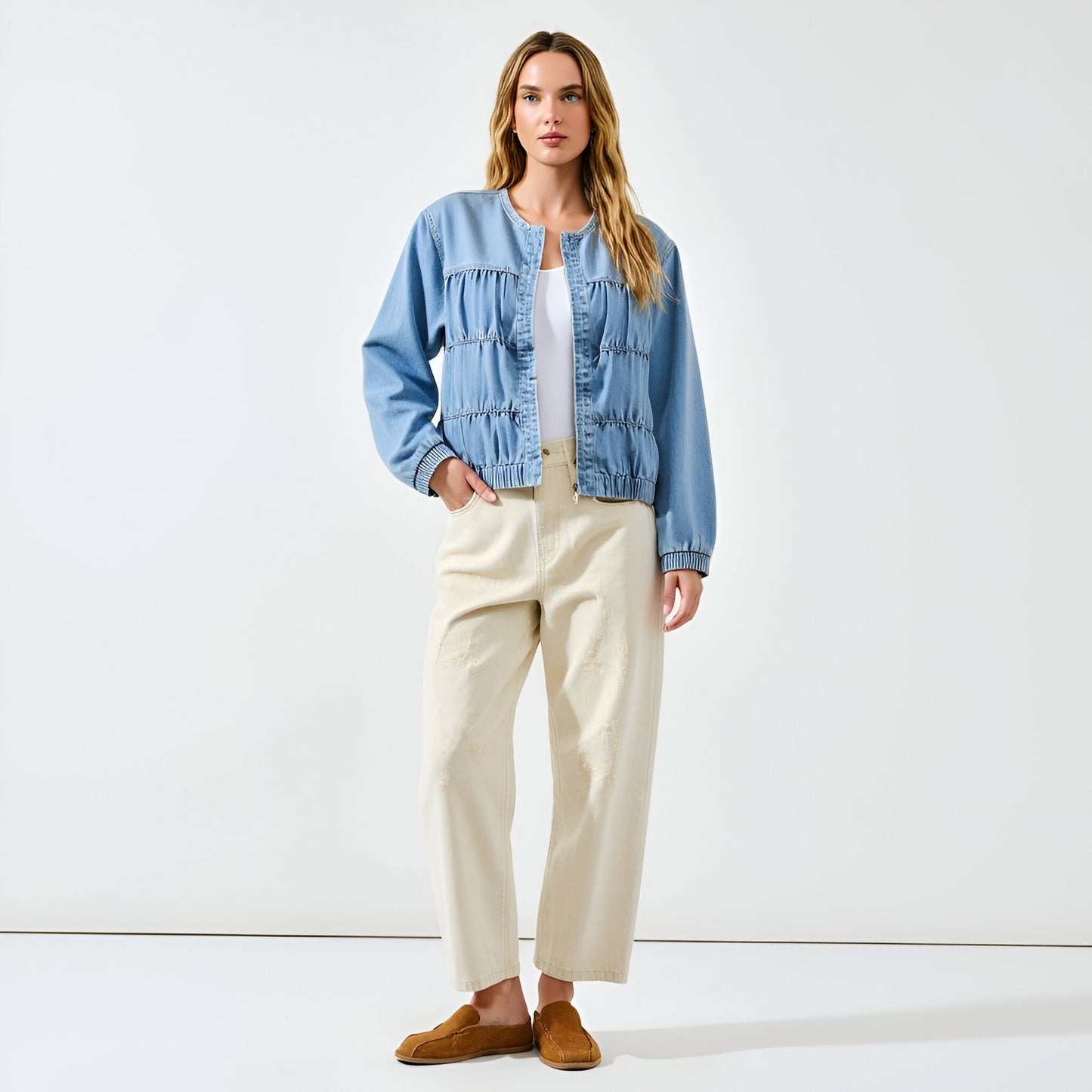 Denim Long Sleeve Jacket with Tiered Front Panels and Elastic Hem
