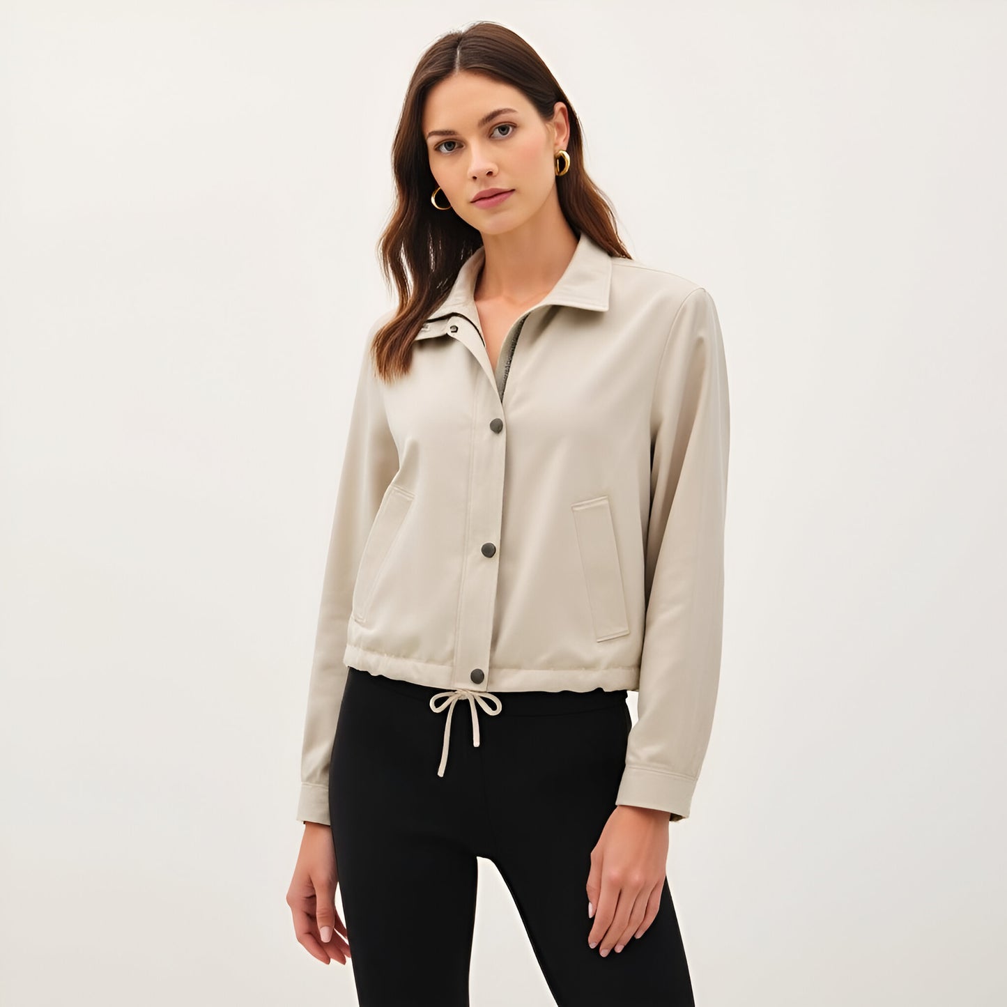 Cropped Utility Jacket with Snap Buttons and Adjustable Drawstring Hem