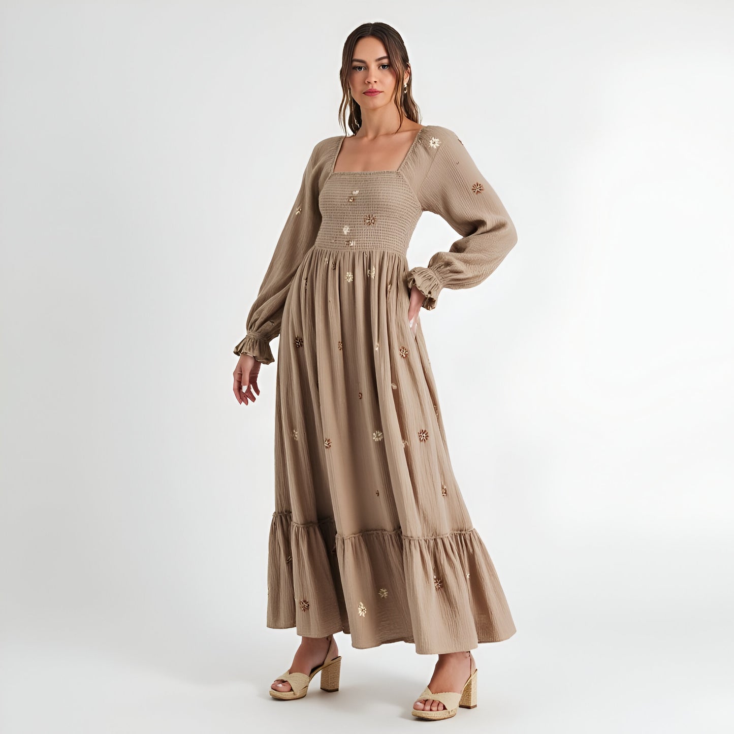 Floral-Embroidered Smocked Maxi Dress with Tiered Skirt and Open Back