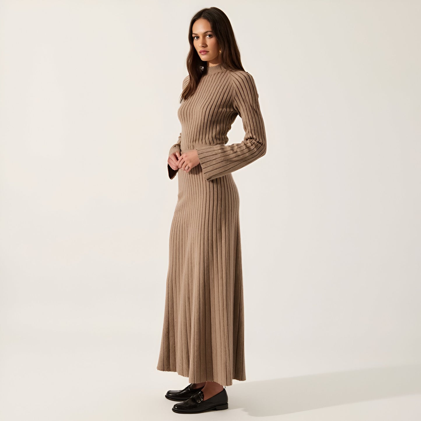 Ribbed Knit Long Sleeve Maxi Dress with Flared Cuffs and Fit-and-Flare Silhouette