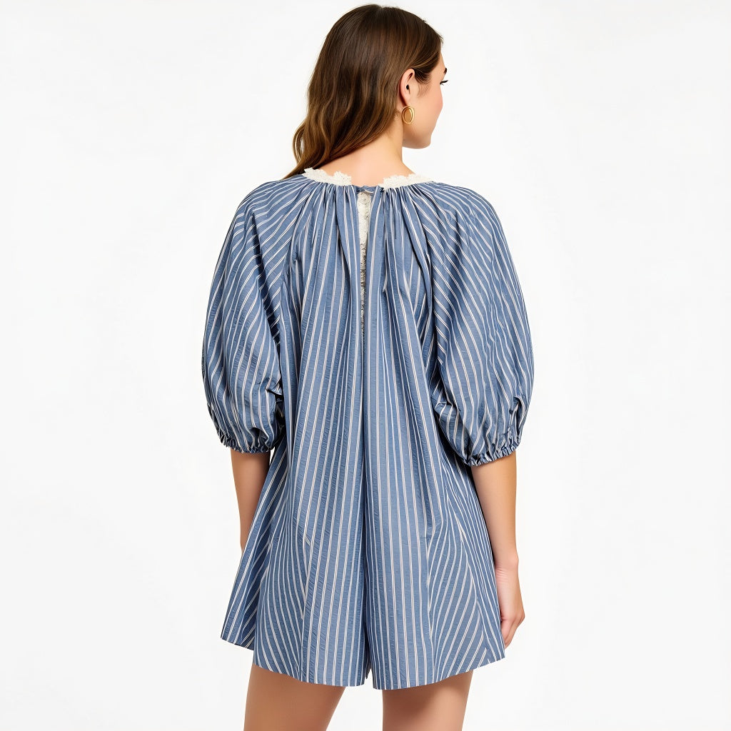 Striped V-Neck Romper with 3/4 Sleeves and Front Tie Detail