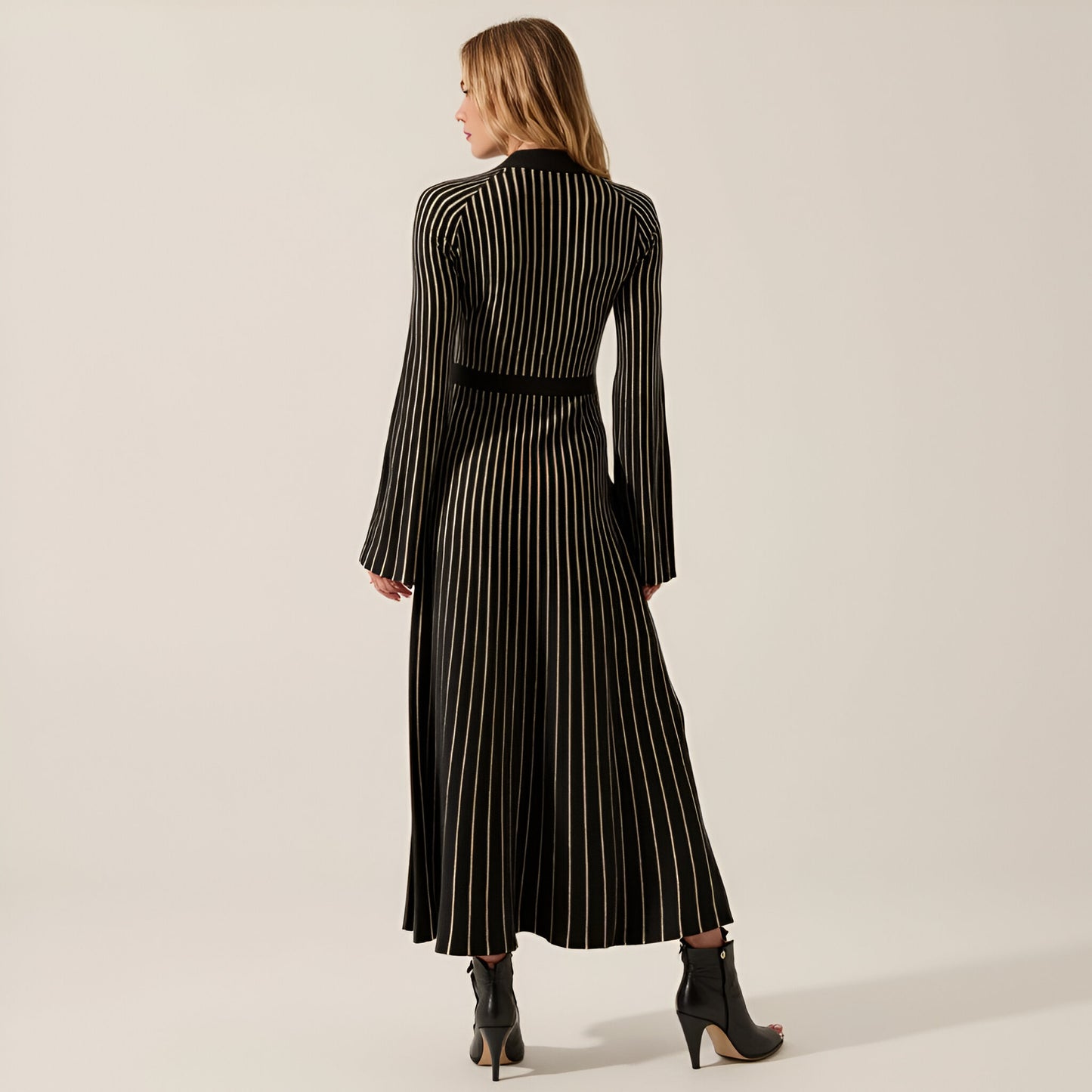 Striped Rib-Knit Long Sleeve Maxi Dress with Mock Neck