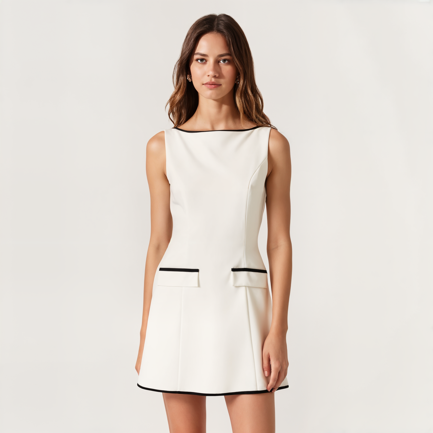 Sleeveless A-Line Mini Dress with Contrast Trim and Faux Pockets