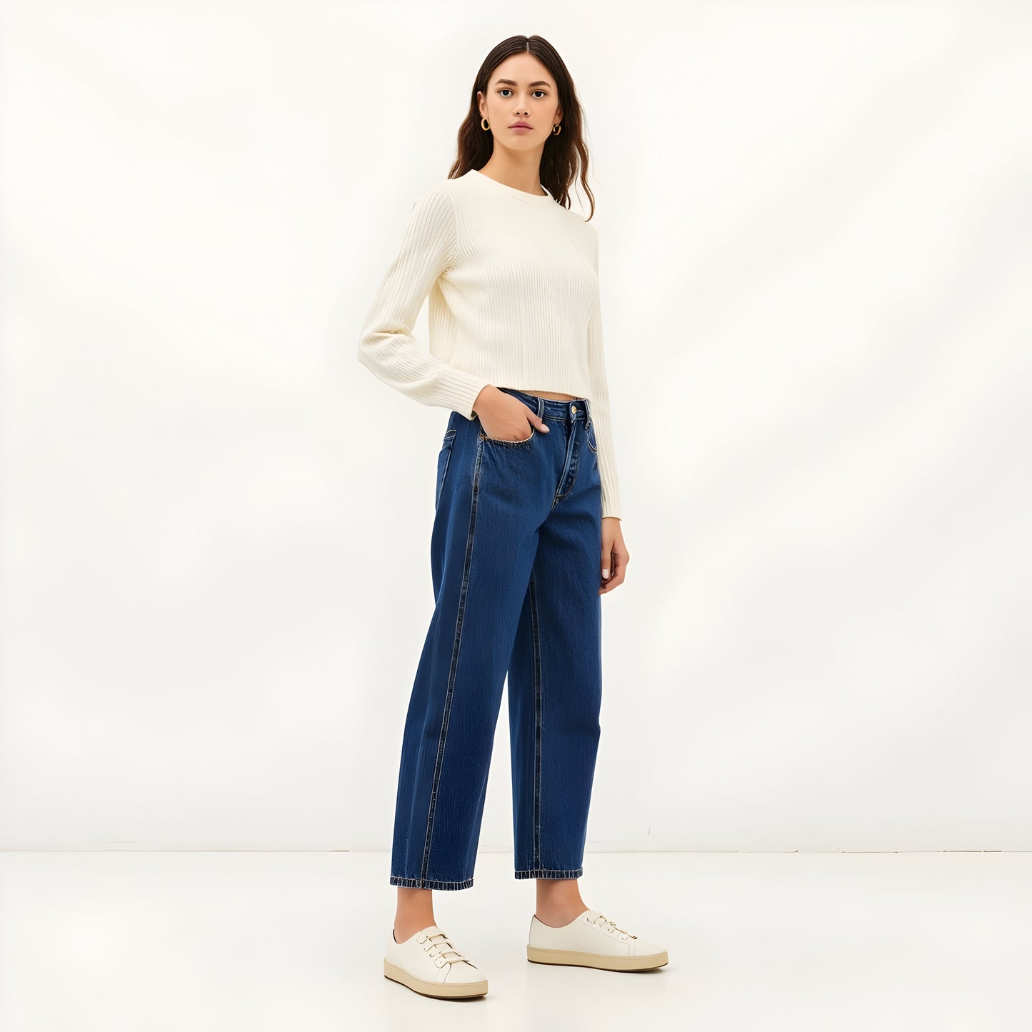 Barrel Leg Denim Pants with Contrast Seams, High Waist and Pockets