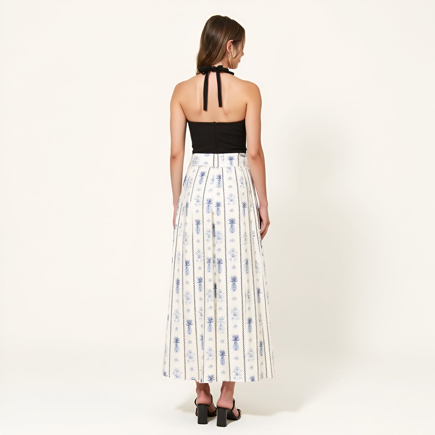 Halter Rib-Knit Bodice and Printed Pleated Skirt Maxi Dress with Side Tie