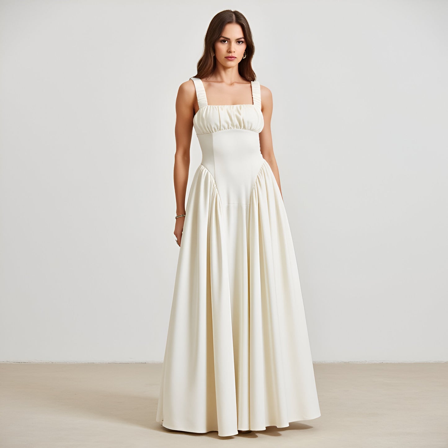 Square Neck Empire Waist Gown with Gathered Bust and Full Skirt