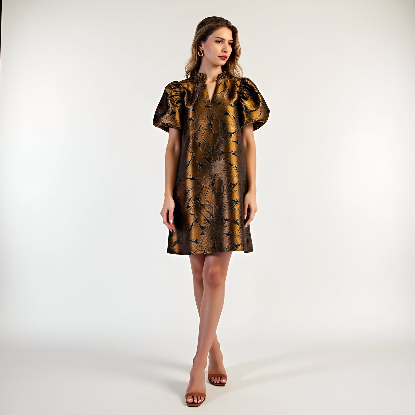 Metallic Floral Puff Sleeve Dress with Ruffled Collar and A-Line Silhouette