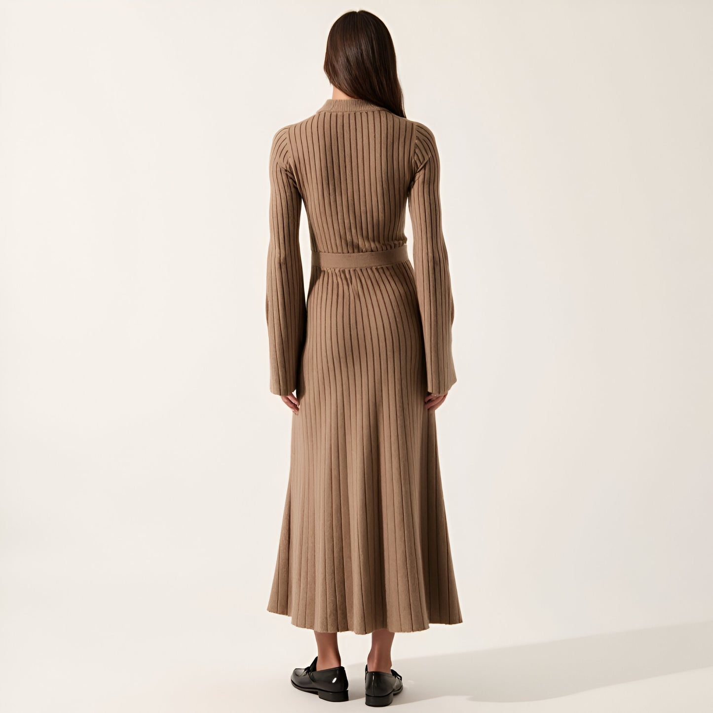 Ribbed Knit Long Sleeve Maxi Dress with Flared Cuffs and Fit-and-Flare Silhouette