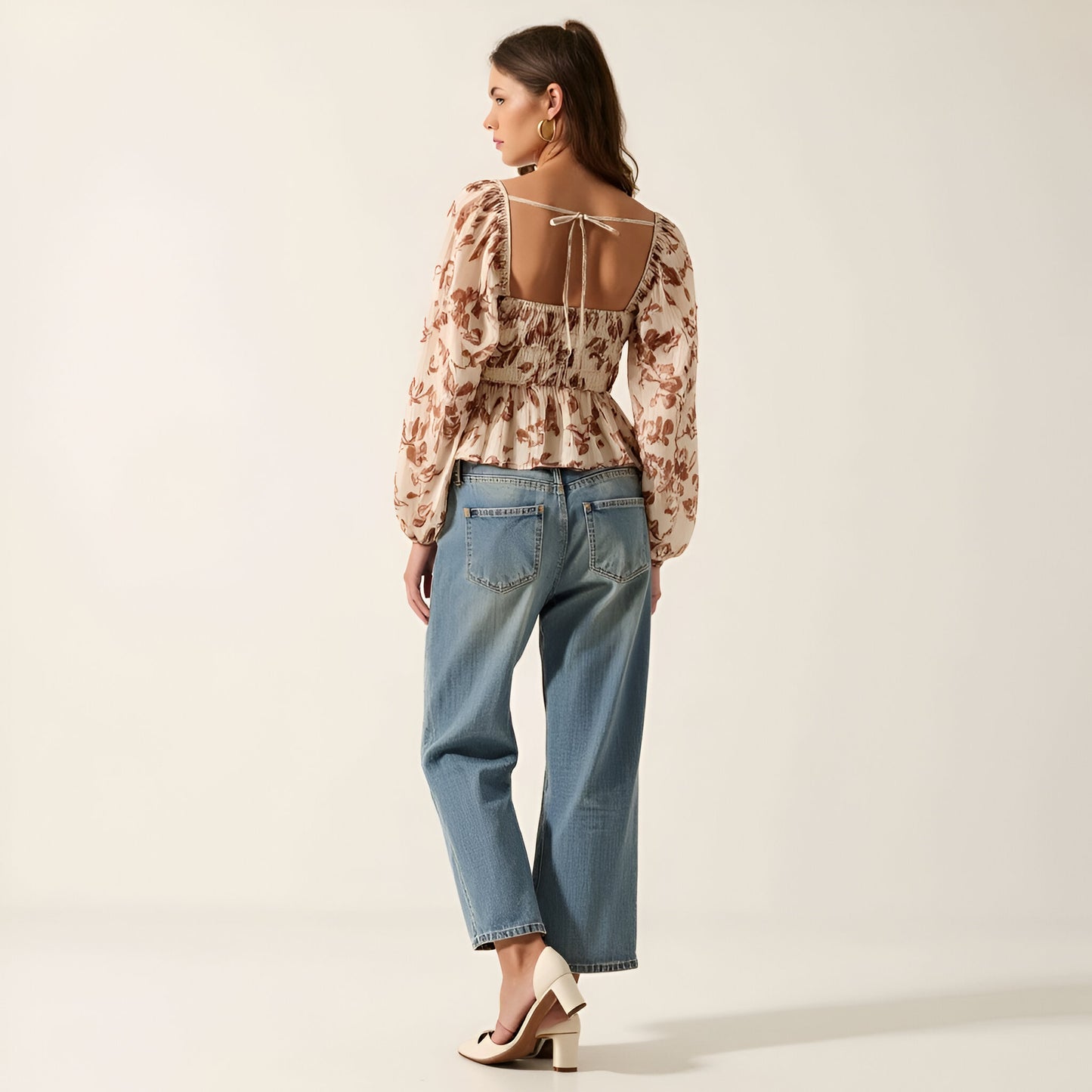 Long Sleeve Floral Print Peplum Top with Velvet Trim Detail