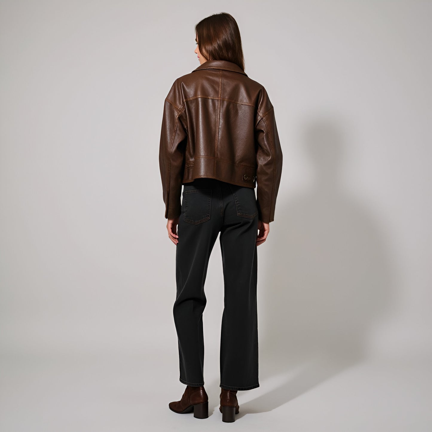 Faux Leather Cropped Jacket with Notched Lapels and Single-Breasted Closure