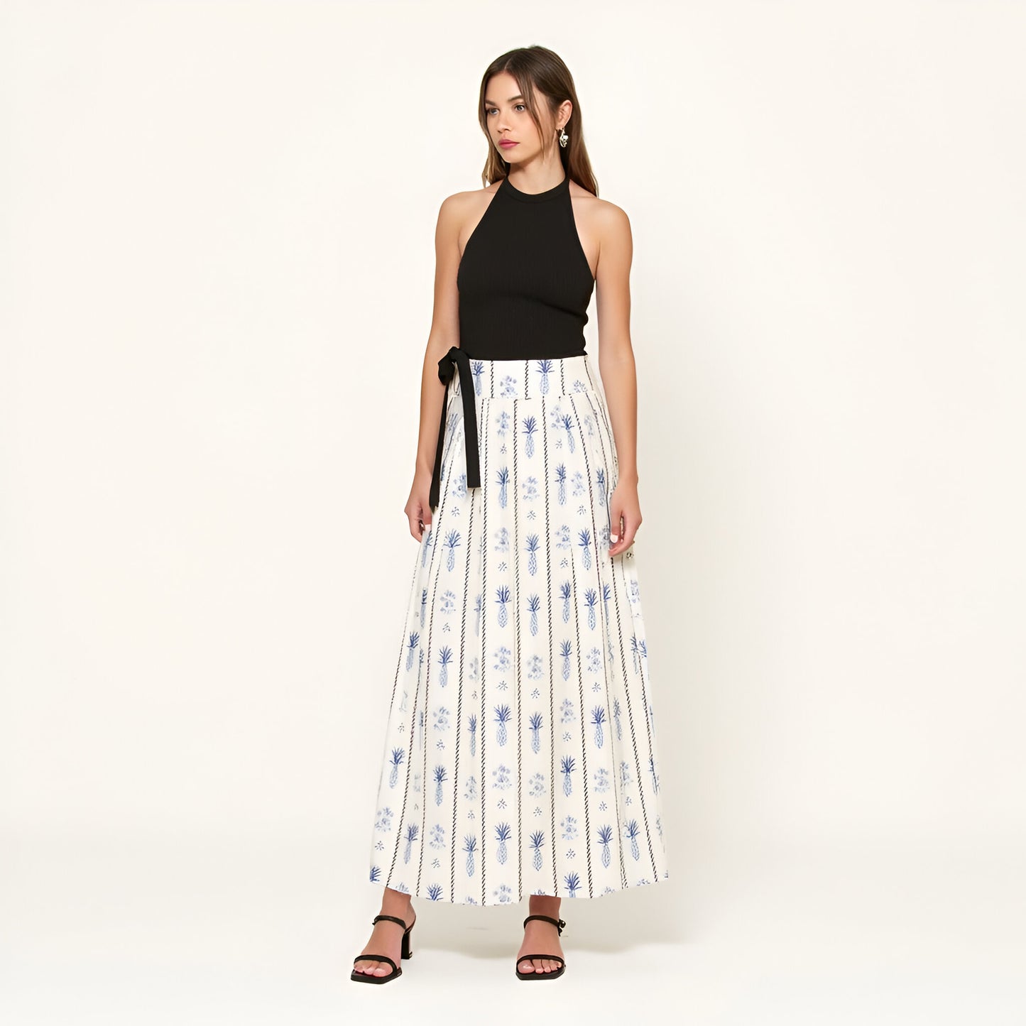 Halter Rib-Knit Bodice and Printed Pleated Skirt Maxi Dress with Side Tie