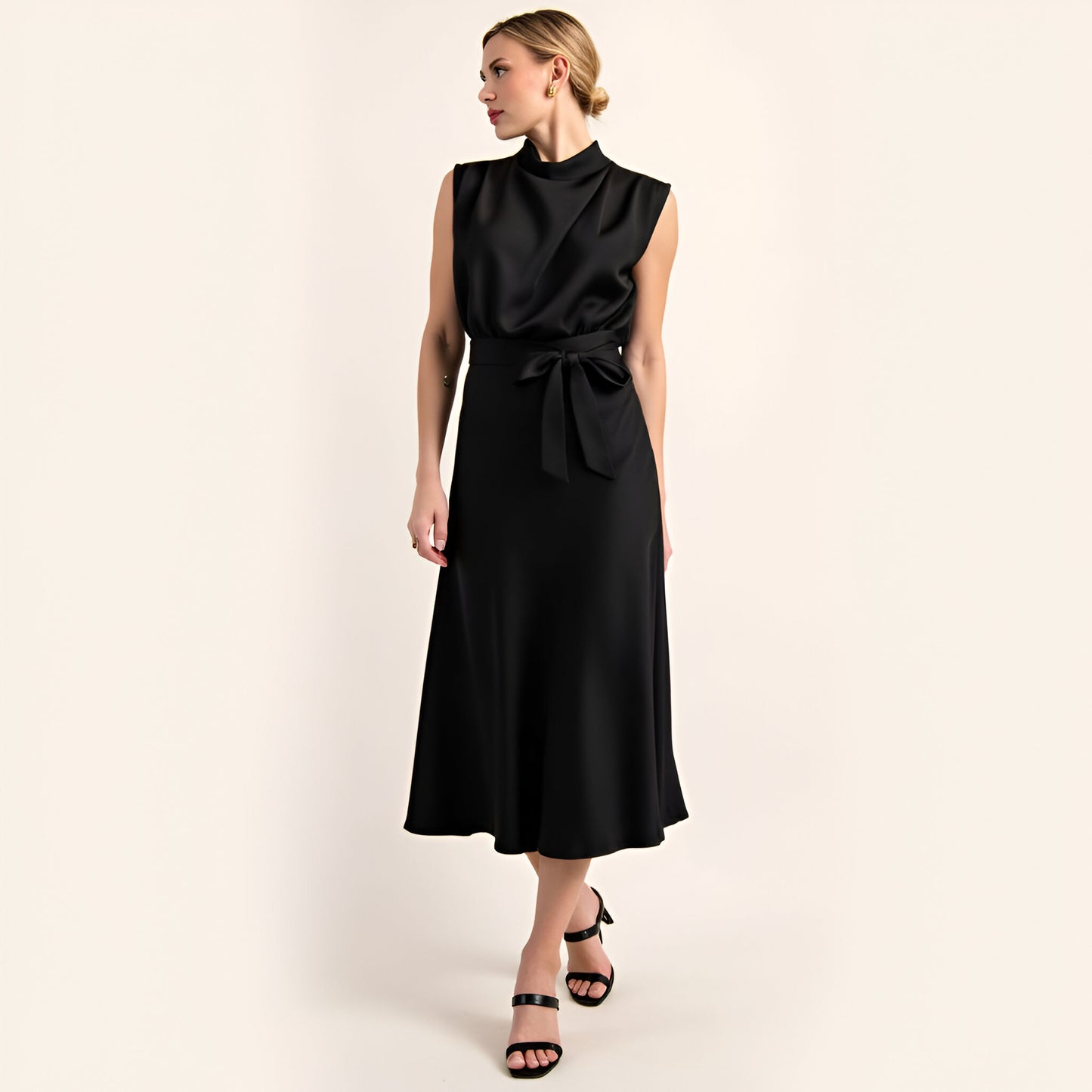 Sleeveless Mock Neck Midi Dress with Waist Tie and Flared Hem