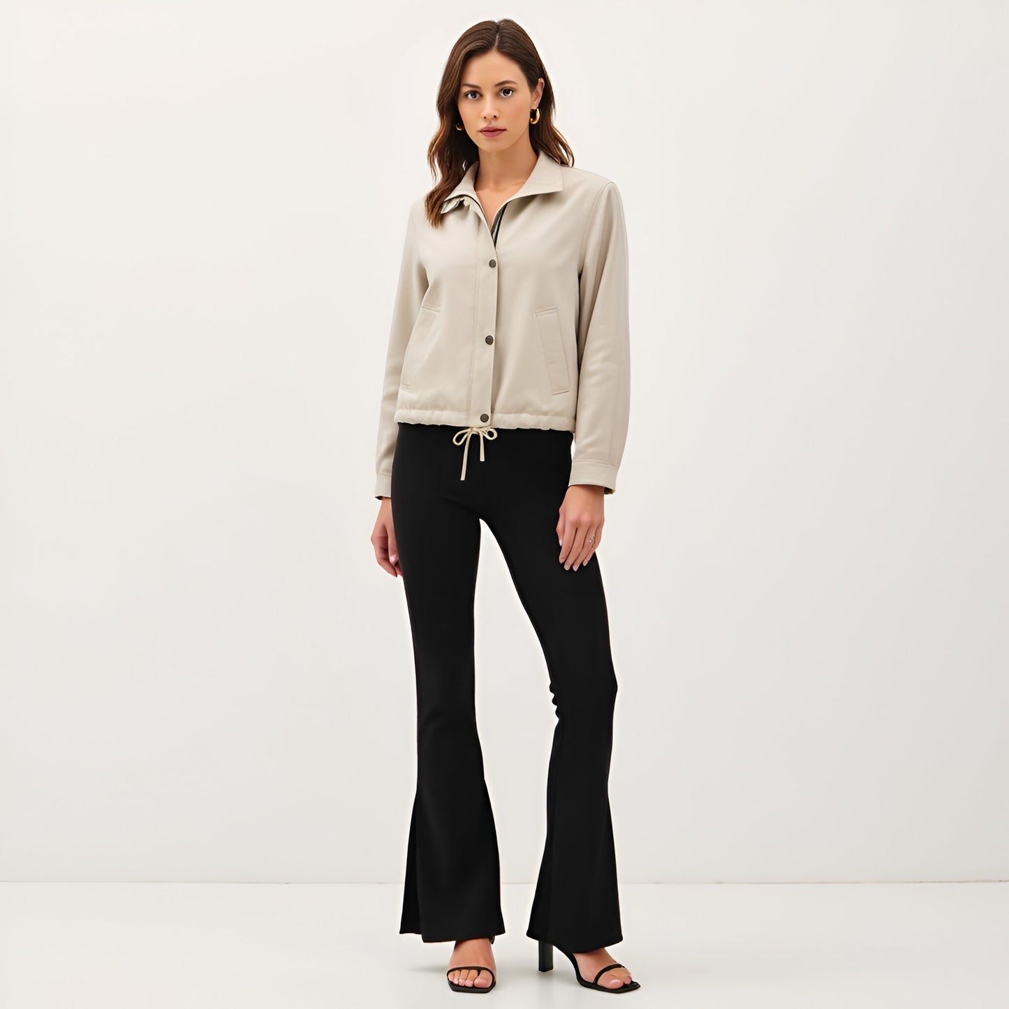 Cropped Utility Jacket with Snap Buttons and Adjustable Drawstring Hem