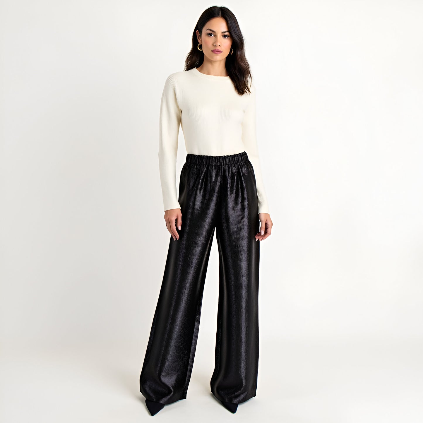 Wide Leg Satin Pants with Elastic Waist and Flowing Full-Length Fit