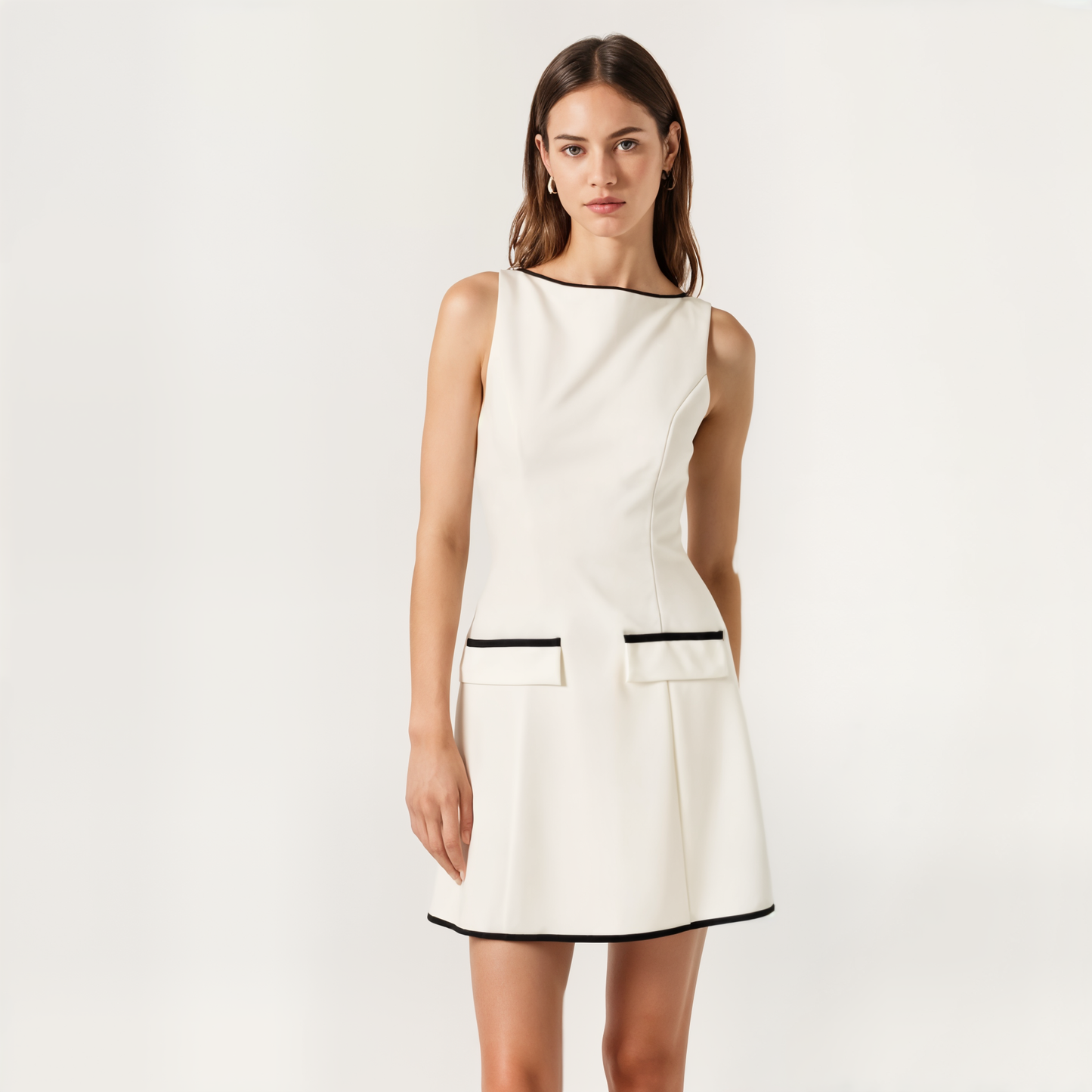 Sleeveless A-Line Mini Dress with Contrast Trim and Faux Pockets