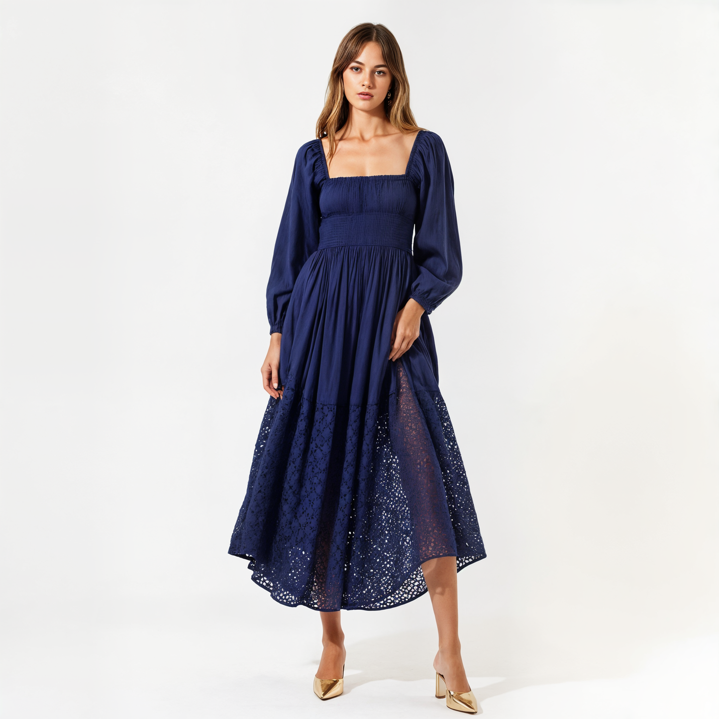 Square-Neck Smocked Midi Dress with Long Sleeves and Eyelet Hem