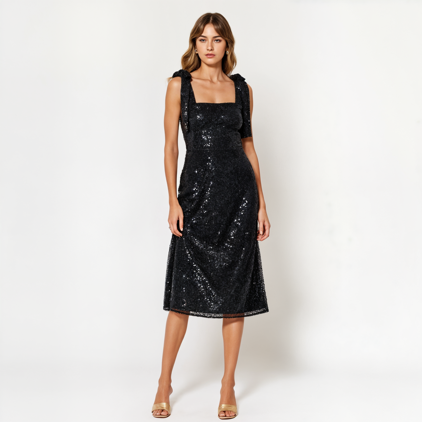 Sequin Midi Dress with Tie Straps and Square Neckline