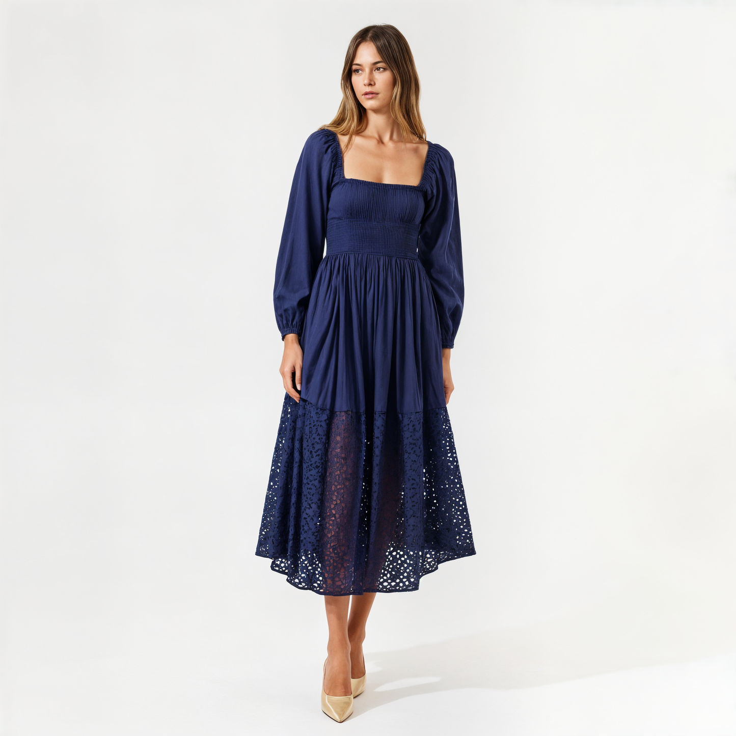 Square-Neck Smocked Midi Dress with Long Sleeves and Eyelet Hem