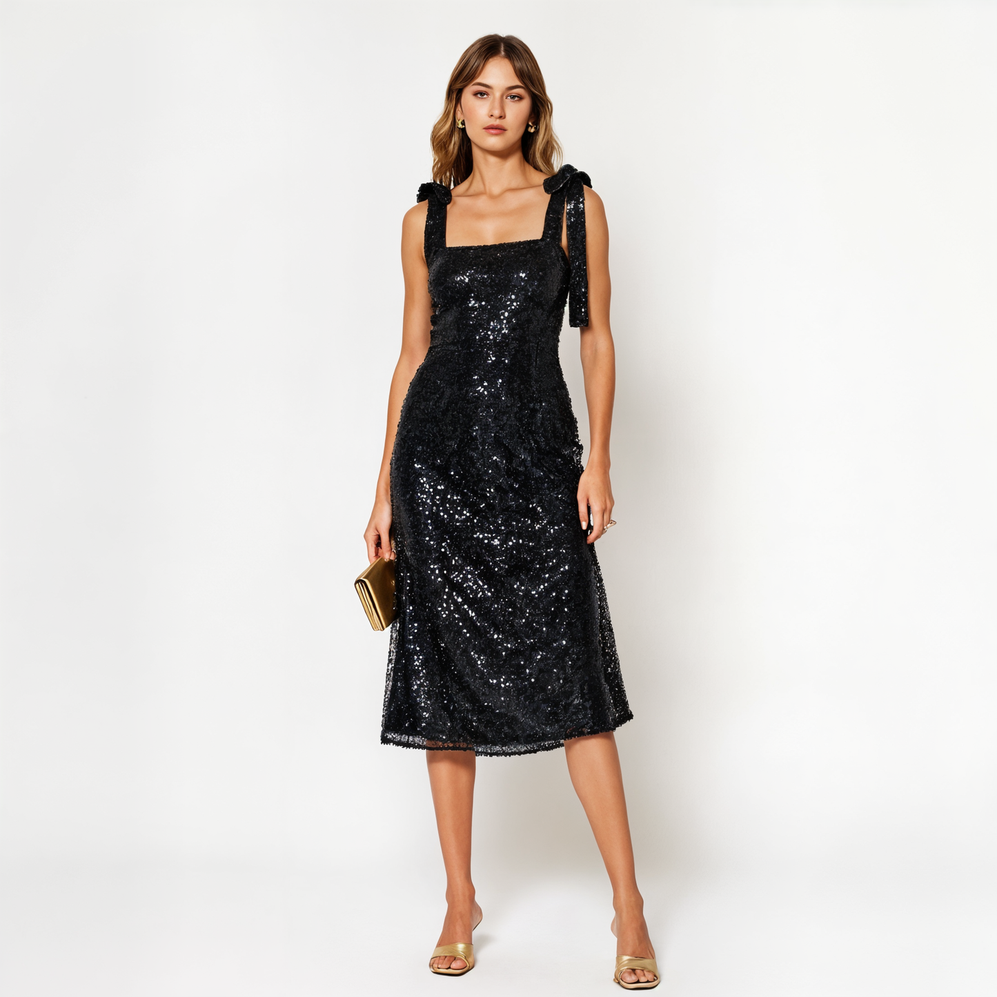 Sequin Midi Dress with Tie Straps and Square Neckline