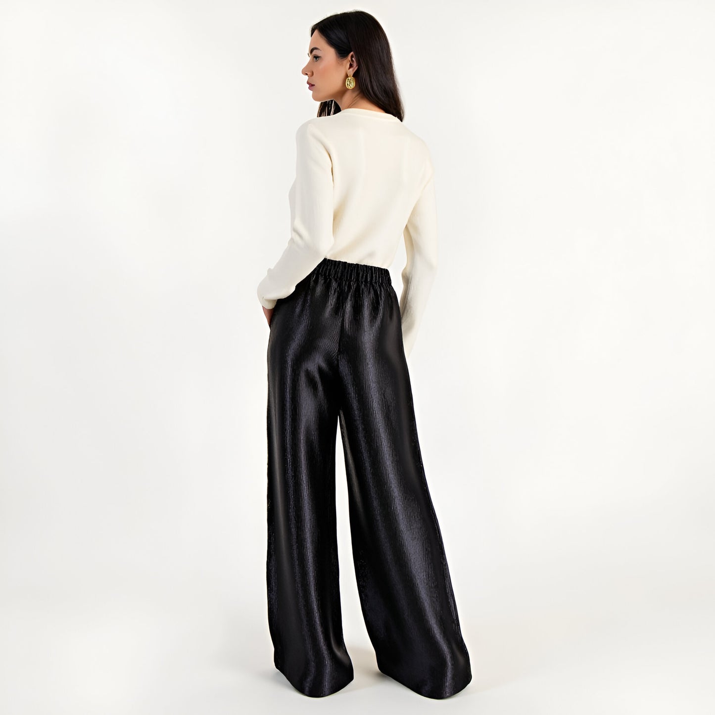 Wide Leg Satin Pants with Elastic Waist and Flowing Full-Length Fit