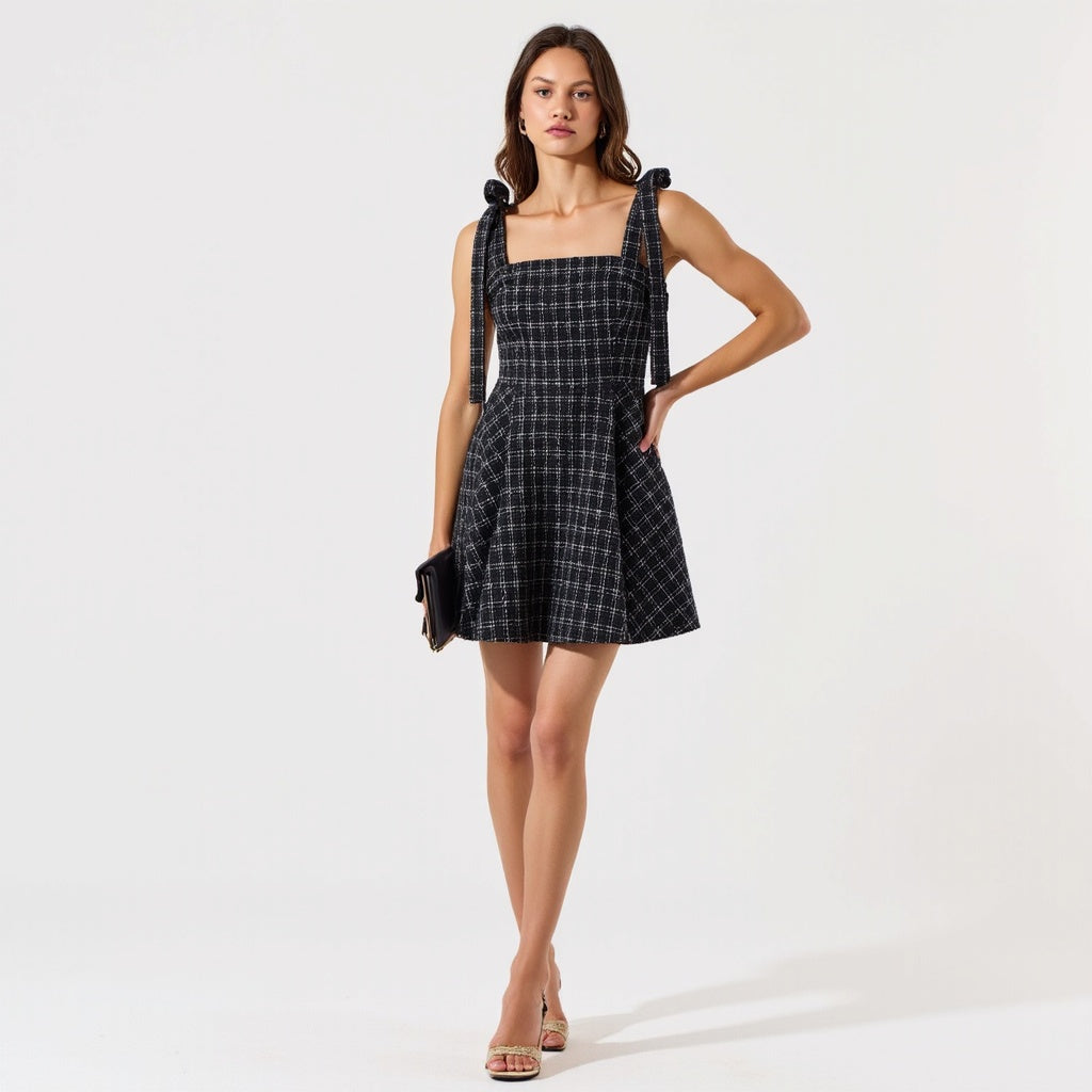 Plaid Mini Dress with Tie-Strap Shoulders and Square Neckline