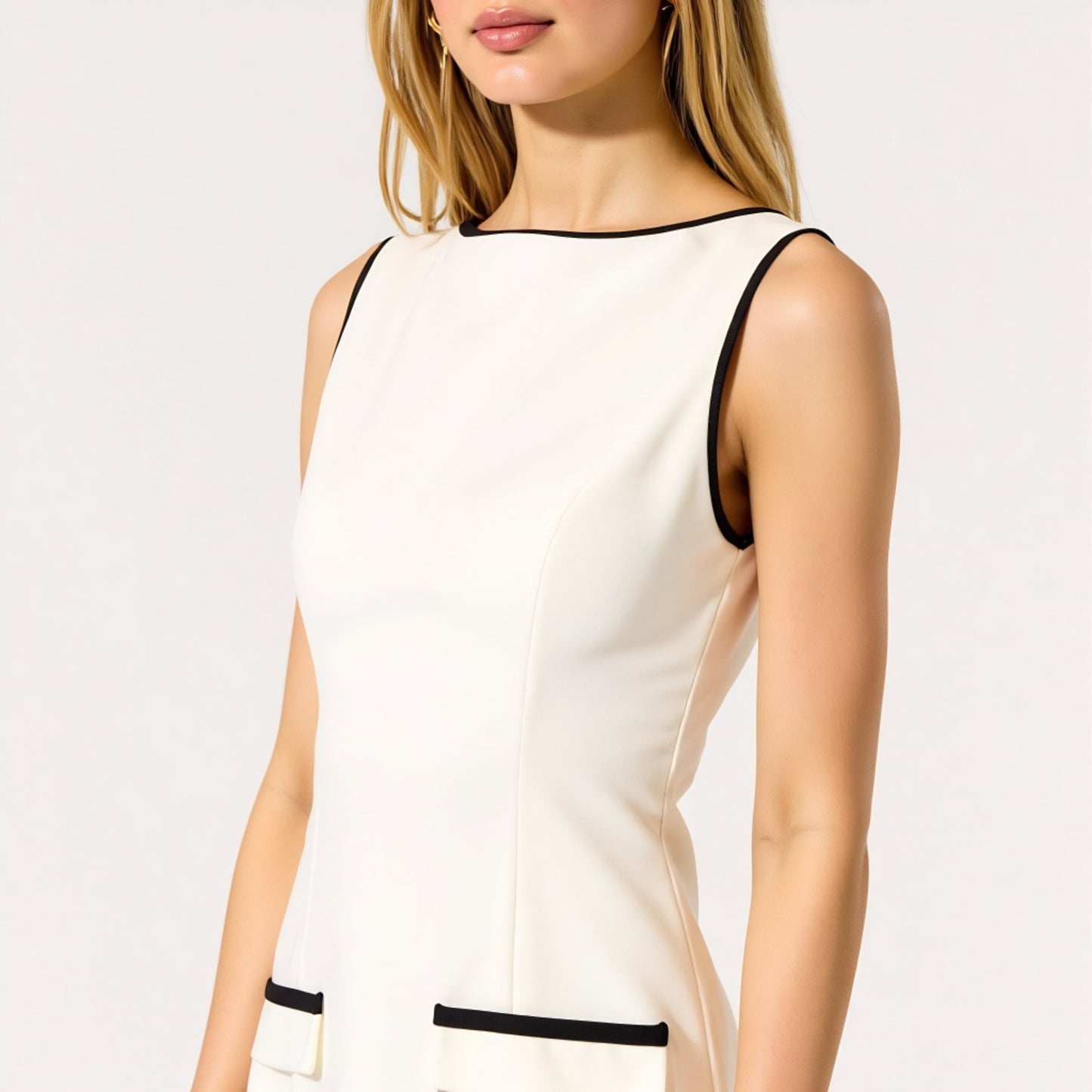 Sleeveless Contrast Trim Mini Dress with Faux Pocket Flaps