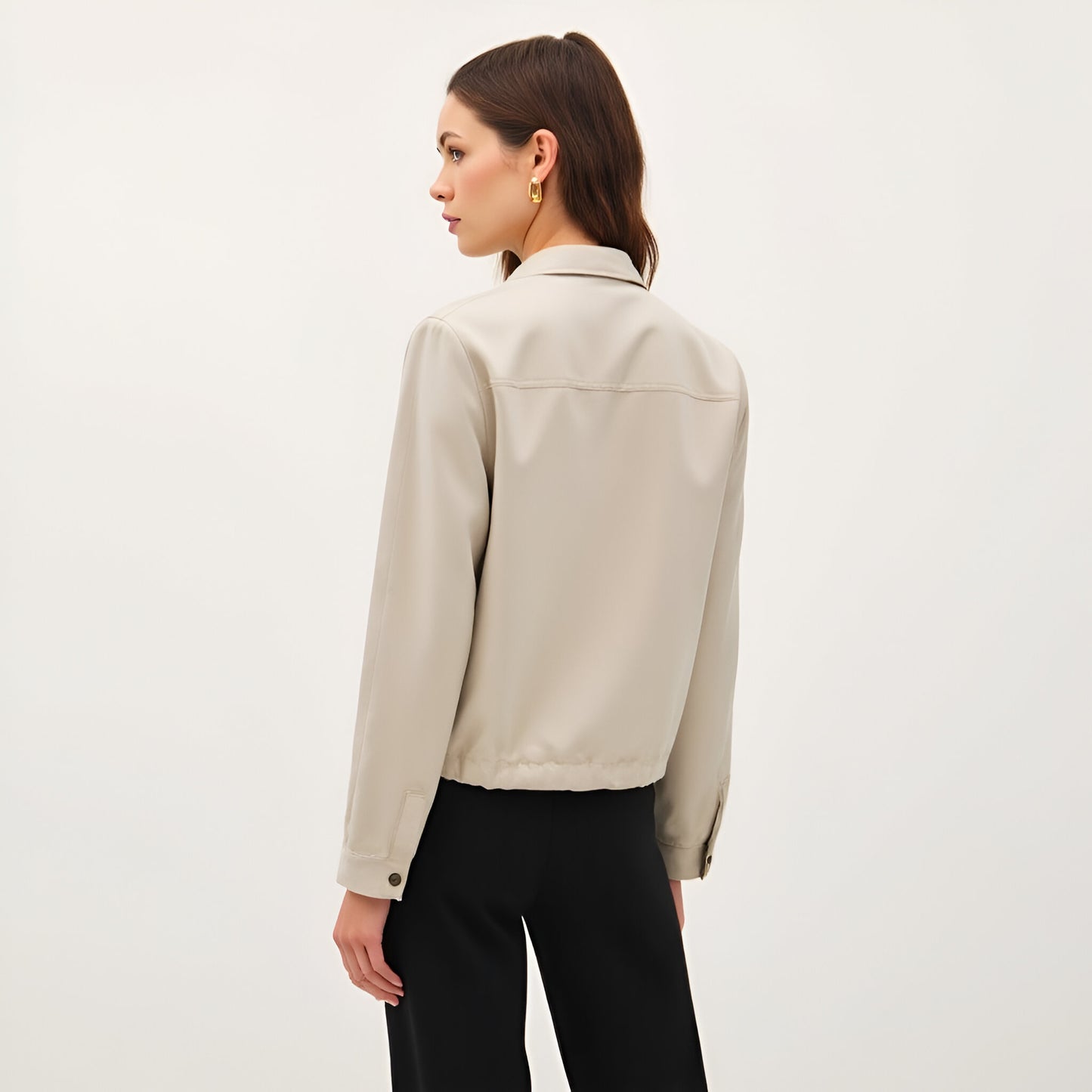 Cropped Utility Jacket with Snap Buttons and Adjustable Drawstring Hem