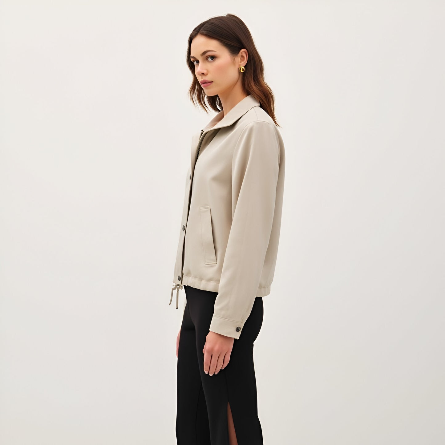 Cropped Utility Jacket with Snap Buttons and Adjustable Drawstring Hem