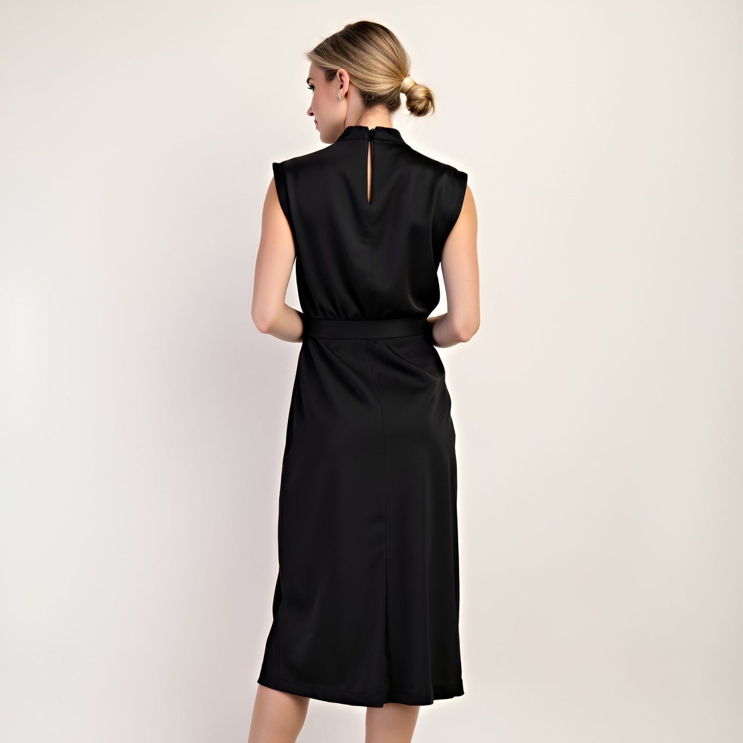 Sleeveless Mock Neck Midi Dress with Waist Tie and Flared Hem